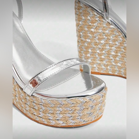 Silver Strappy Braided Wedge Heels, Sandals | 6.5 | New | 5” Heel, 1.7” Platform - Picture 2 of 5